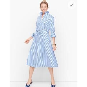 Talbots Classic Cornflower Blue + White stripe Cotton Shirtdress Size 8